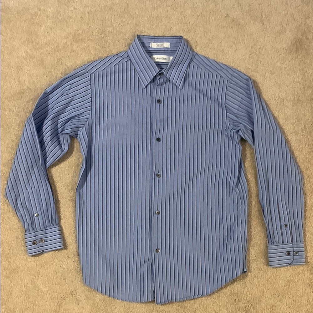 Calvin Klein Blue Button Down Shirt with Vertical Stripes